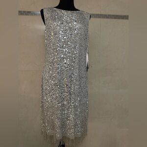 Adrianna Papell Glittering Silver Fringe Midi Dress